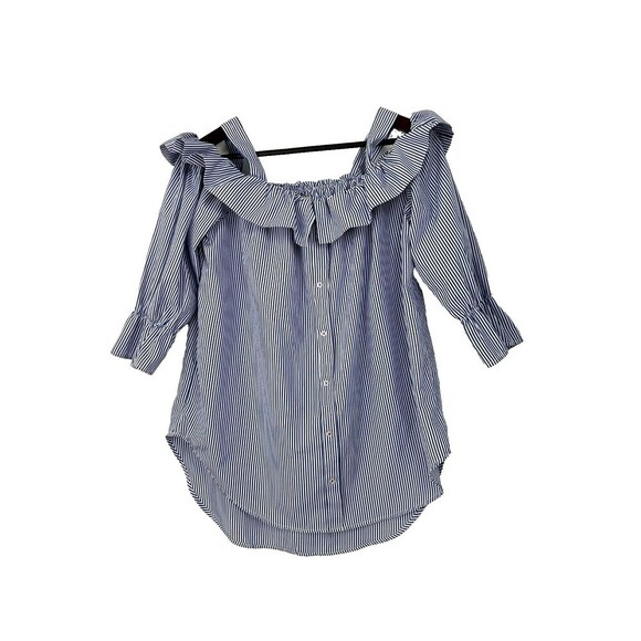 Janet Chung Womens Size L  Blouse Blue White Striped Off Shoulder Ruffle Top H2 - Picture 2 of 12